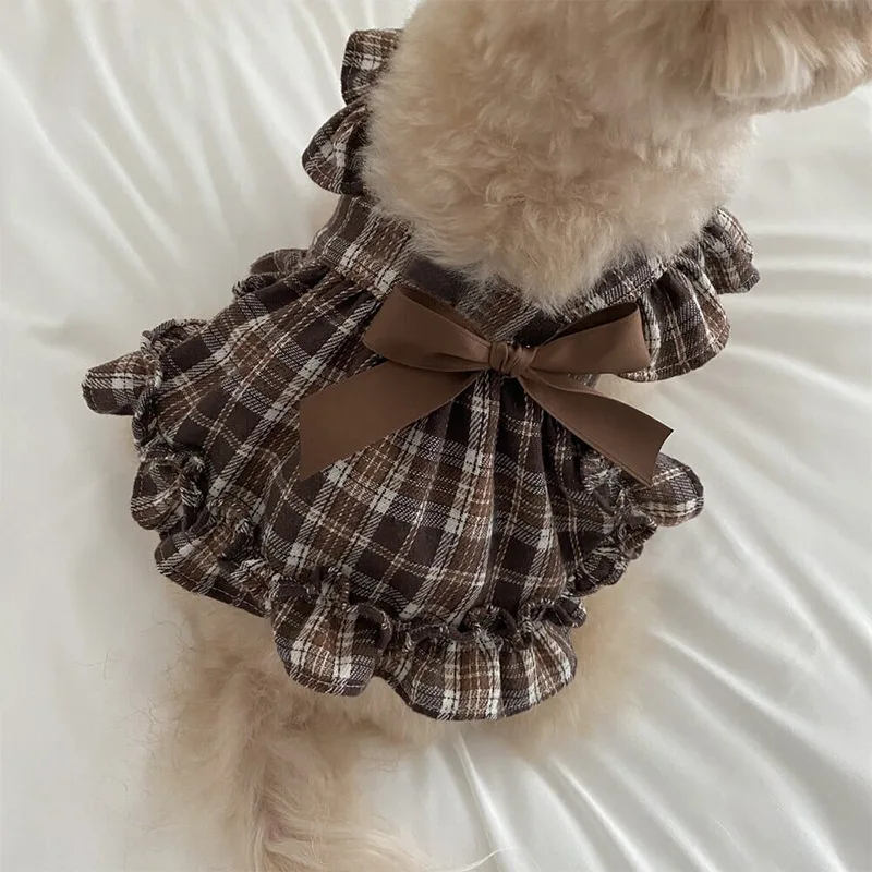 Falda con tirantes a cuadros para mascotas, camisa plisada a cuadros para gatos, camisetas interiores con lazo, ropa para cachorros, vestidos para perros pequeños