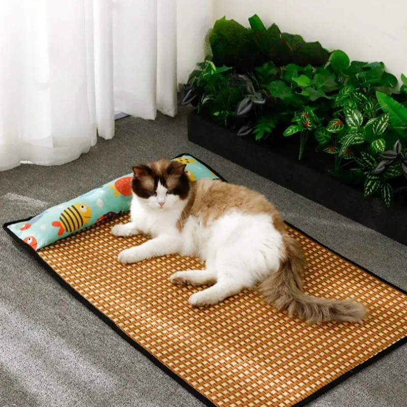 Esteras refrescantes para mascotas para gatos con almohada, almohadillas suaves para cama, estera para dormir tejida de mimbre para perros, suministros de disipación de calor para cachorros y gatitos - imagen 3