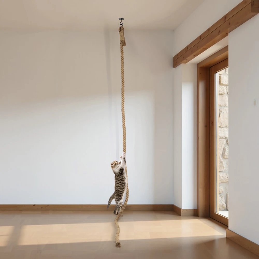Cuerda de escalada para gatos de techo de fácil instalación con poste rascador de Sisal para gatos grandes, centro de actividades para gatos montado en la pared interior