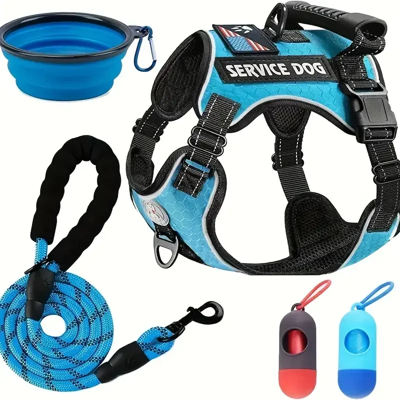 Juego de arnés de pecho para perros y mascotas con cuenco plegable, cuerda de tracción y 2 bolsas de basura, chaleco para perros con absorción de impacto a prueba de explosiones, cuerda de remolque