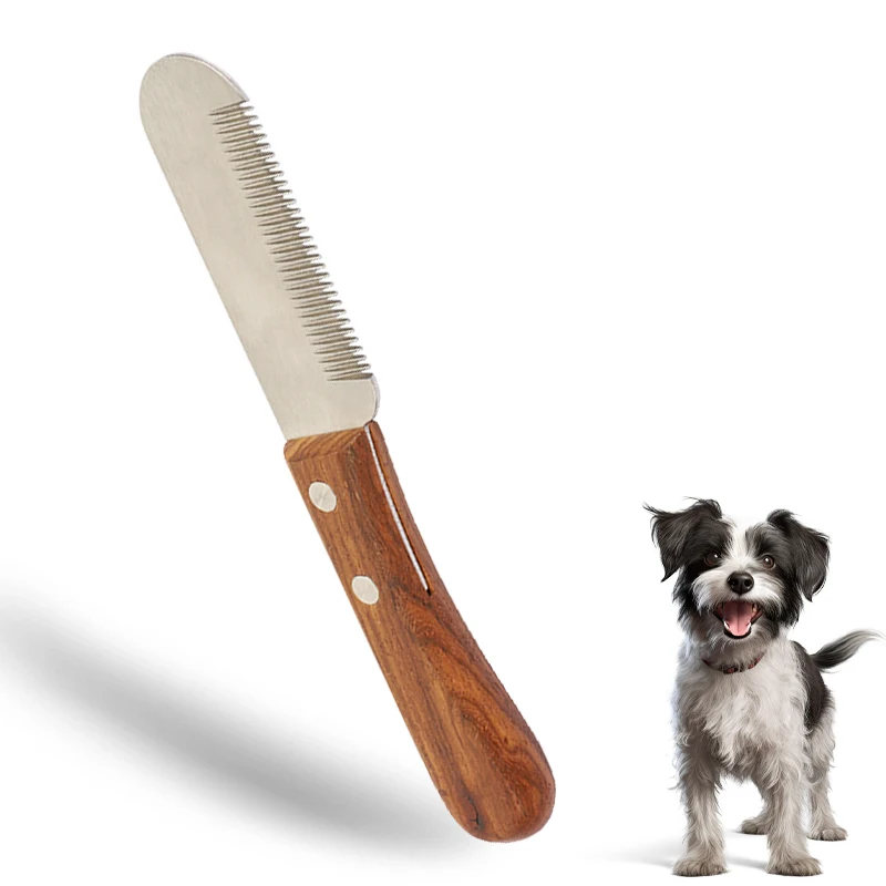 Cuchillo pelador con mango de madera de acero inoxidable para mascotas, peine profesional para perros y gatos, cuchillo para afeitar y desplumar el pelo, herramientas de aseo para mascotas