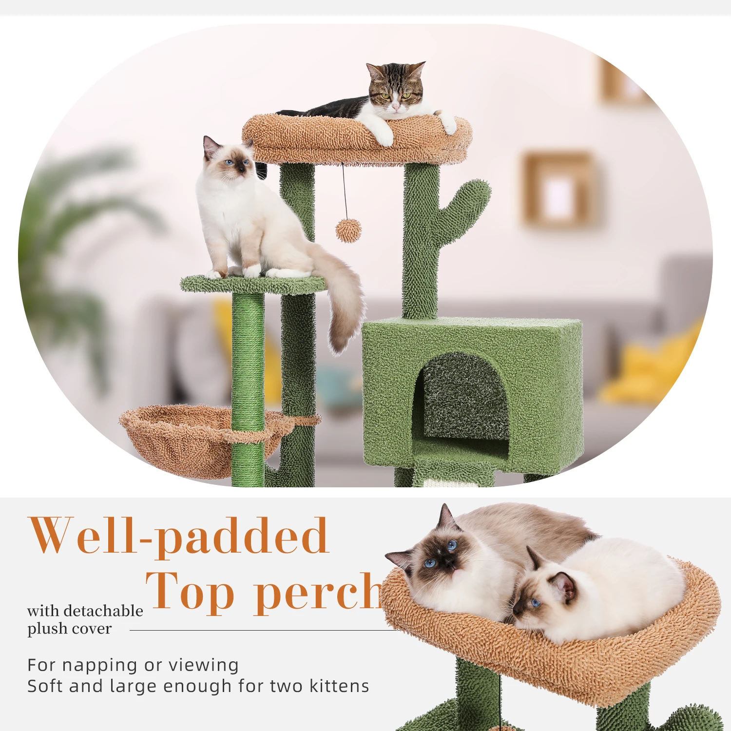 Torre de Cactus para gatos con poste de rascado cubierto de Sisal y condominio acogedor para gatos de interior, soporte de escalada para gatos con perca de felpa - imagen 5