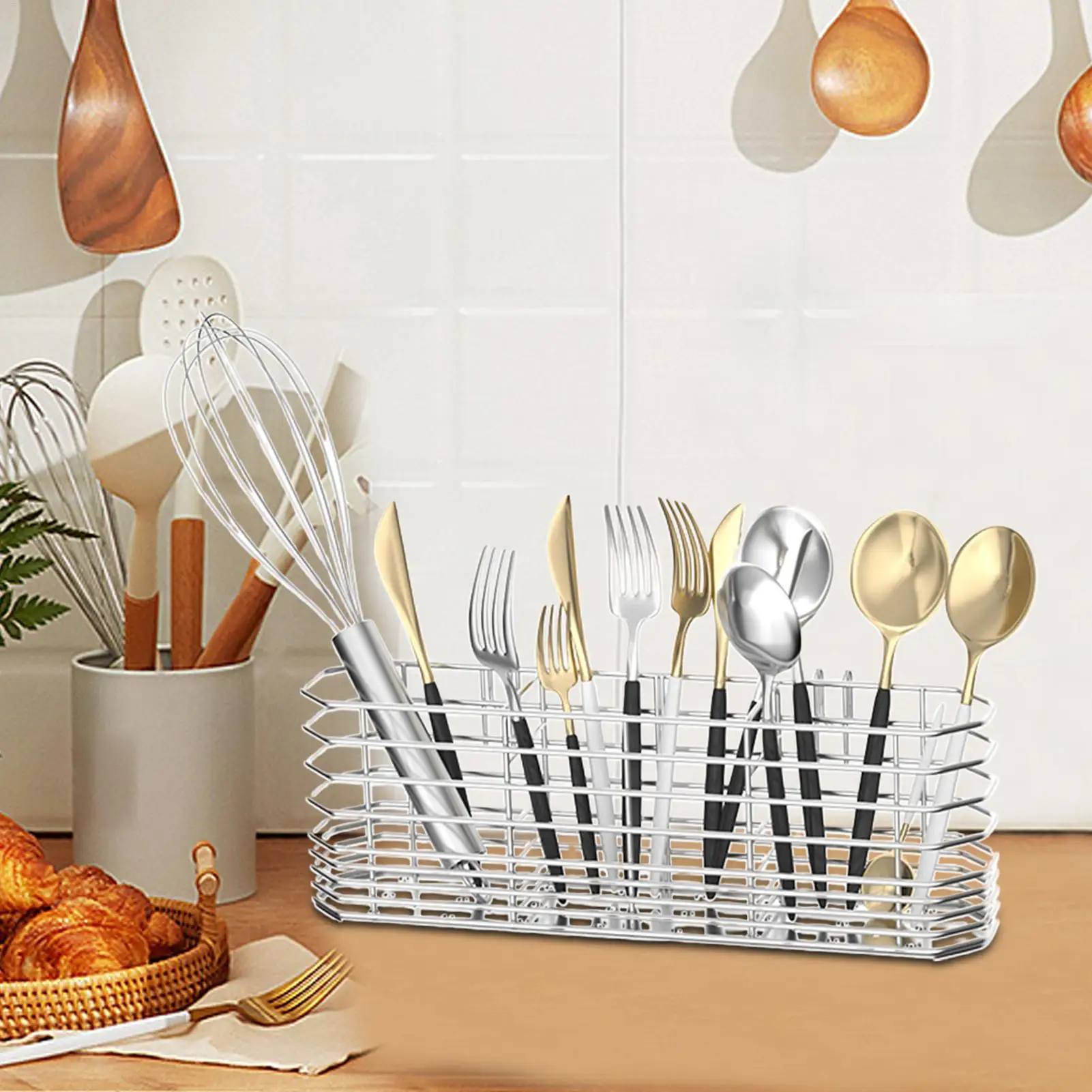 Soporte para cubiertos de acero inoxidable, cesta colgante, estante de secado de cubiertos, contenedores de drenaje para encimeras de cocina - imagen 3