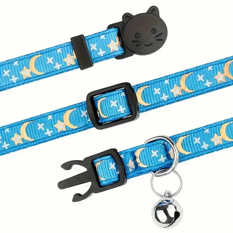 Collar personalizado para perro y gato, Collar para mascotas con estrellas y luna de Color dorado con campana y etiqueta de nombre de mascota grabada, hebilla de seguridad reflectante - imagen 3