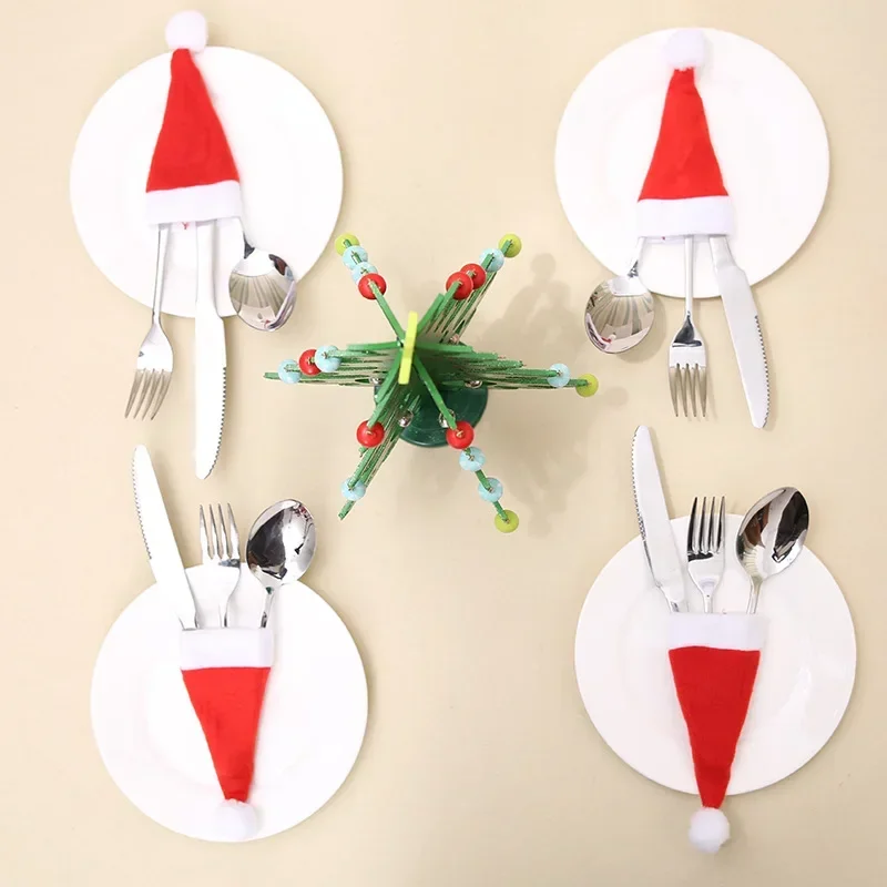 10 Uds. Gorro de Navidad, tenedor, cuchillo, bolsa para cubiertos, decoración navideña, decoraciones para el hogar, decoración de mesa de cena, vajilla, juego de almacenamiento de tenedor - imagen 4