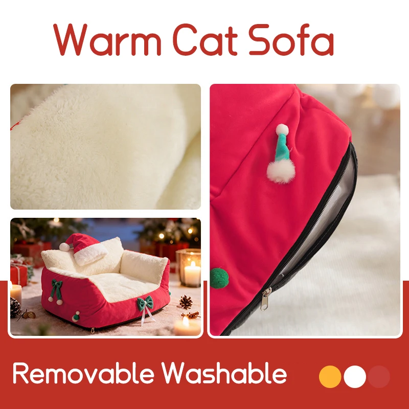 Cama suave y cálida para gatos, sofá navideño para mascotas, cama para gatos, perros pequeños, cama extraíble y lavable de felpa para gatitos, accesorios para gatos - imagen 5