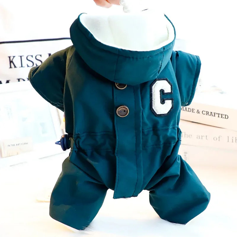 가을 겨울 후드 점프 슈트 모자와 두꺼운 방풍 작은 개를 끌 수있는 4 다리 자켓 테디 베어 애완 동물 강아지 옷 - imagen 4