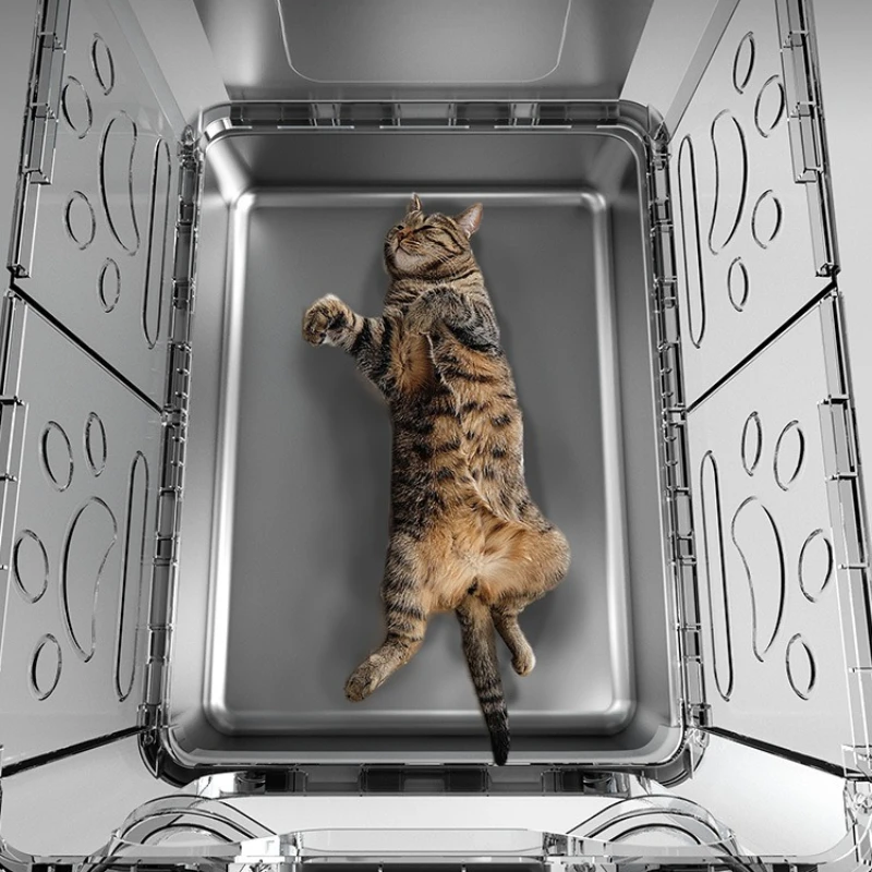 Caja de arena para gatos de acero inoxidable, totalmente cerrada, plegable, cajón grande, antisalpicaduras, desodorizante, inodoro para gatos, fácil de limpiar