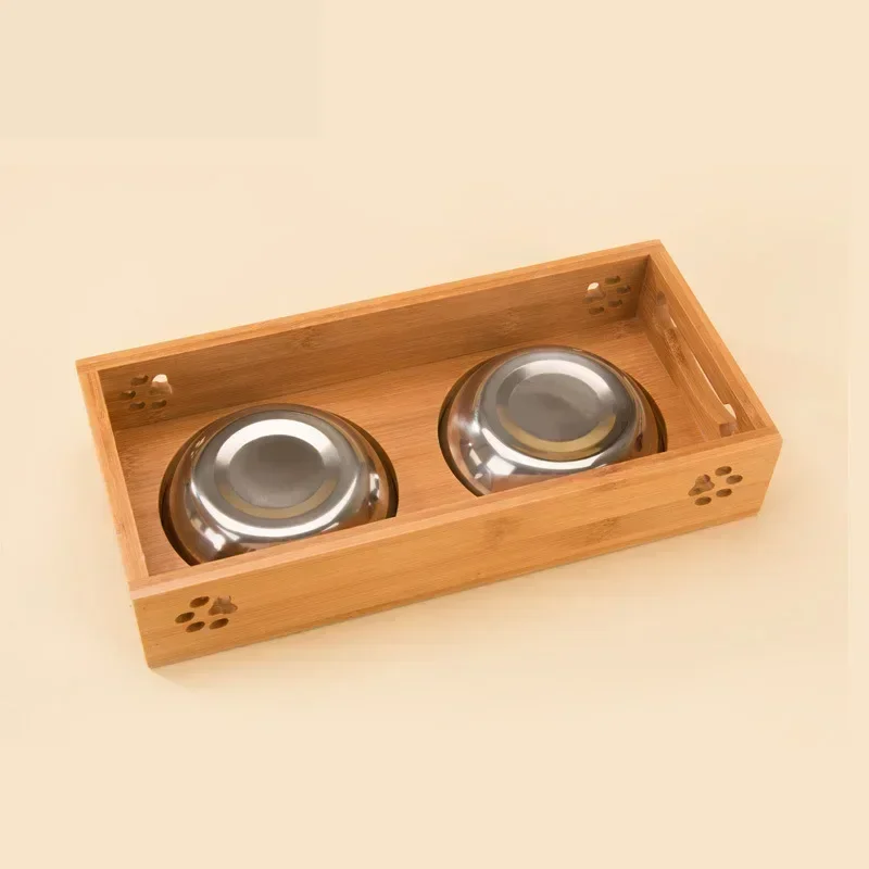 Cuenco de cerámica para perros y gatos, mesa de madera de bambú en un gatito, cuenco doble antideslizante, cuenco de comida para perros pequeños - imagen 2