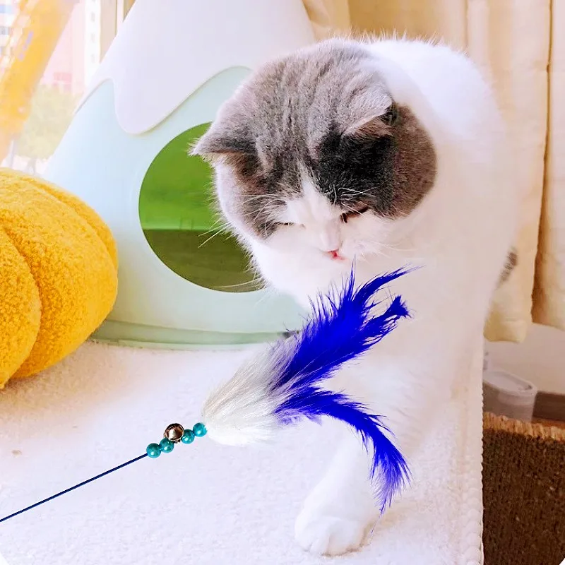 Juguete para gatos con plumas, palo de rompecabezas para gatos, juguetes coloridos para gatos, palo de plumas de lana con mango largo interactivo, juguetes para gatos, juguete para provocar con campana - imagen 2