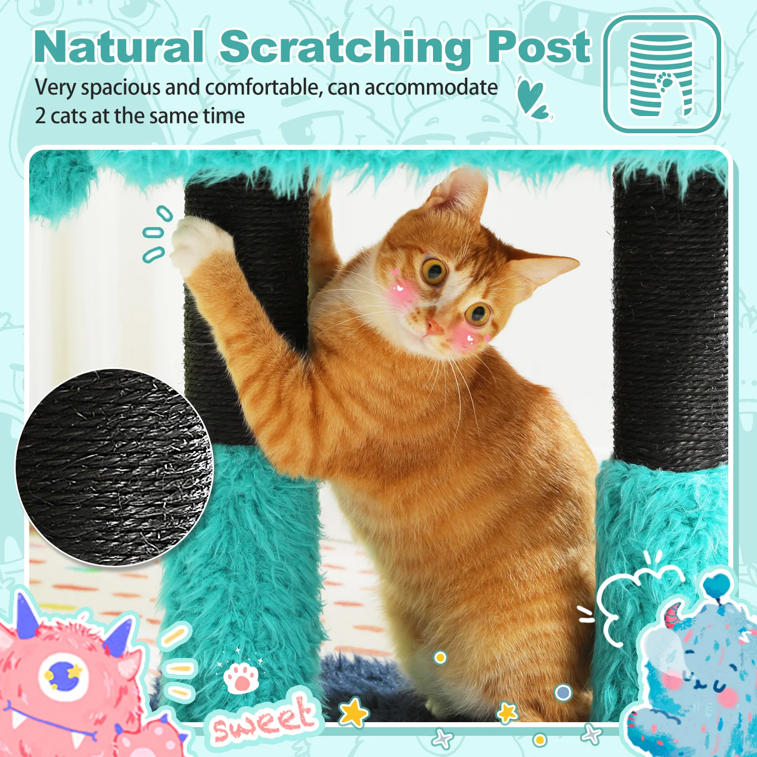 Torre de árbol para gatos serie Monster, modelado de felpa con forma bonita con gato grande, patas envueltas en Sisal, Bas sólido, orejas y ojos divertidos - imagen 3