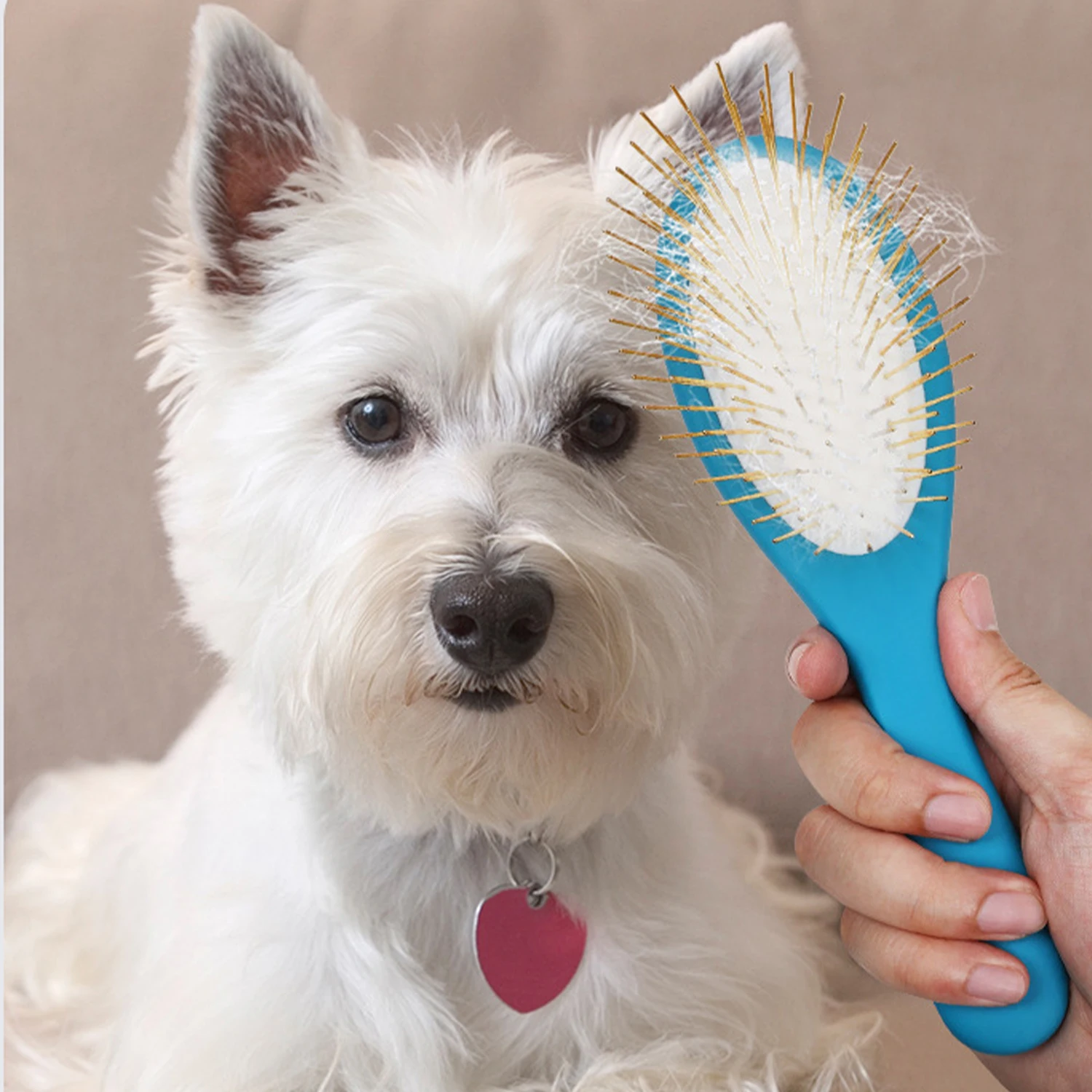 Cepillo desenredante para el cuidado de mascotas, peine para perros para quitar y quitar la piel suelta, madera con pasadores chapados en oro para mascotas de pelo largo