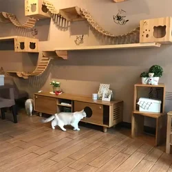 Hamaca de madera con escalera para gatos, estantes de escalada montados en la pared y puente para gatos, perca para gatos, patio de juegos interior para mascotas