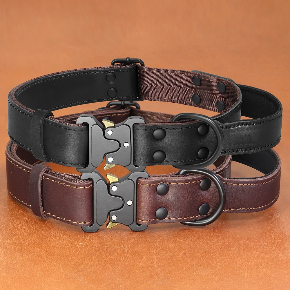 Collar de perro de cuero auténtico con mango, Collar de cuero militar táctico para perros medianos y grandes, entrenamiento de pastor alemán y caza - imagen 2