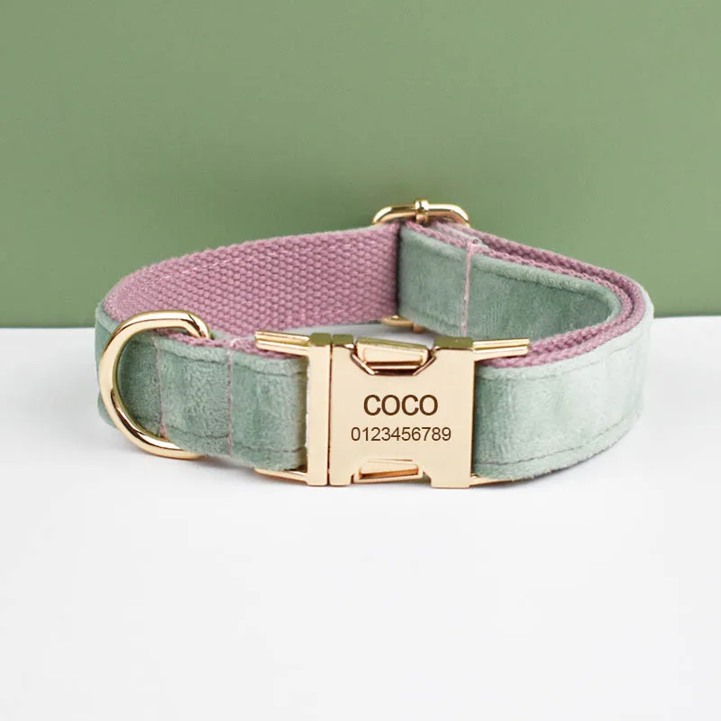 Collar de terciopelo verde menta con Base roja y juego de correa para perros, placa de identificación grabada personalizada, suministros para mascotas, correa para perros de terciopelo 17-2 - imagen 4