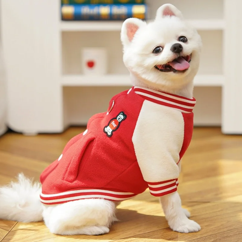 Chaqueta de béisbol con parche de oso para mascotas, chaqueta cálida de lana para perros, abrigo, ropa de invierno para cachorros, Sudadera con capucha suave y bonita para gatos, ropa para perros - imagen 2