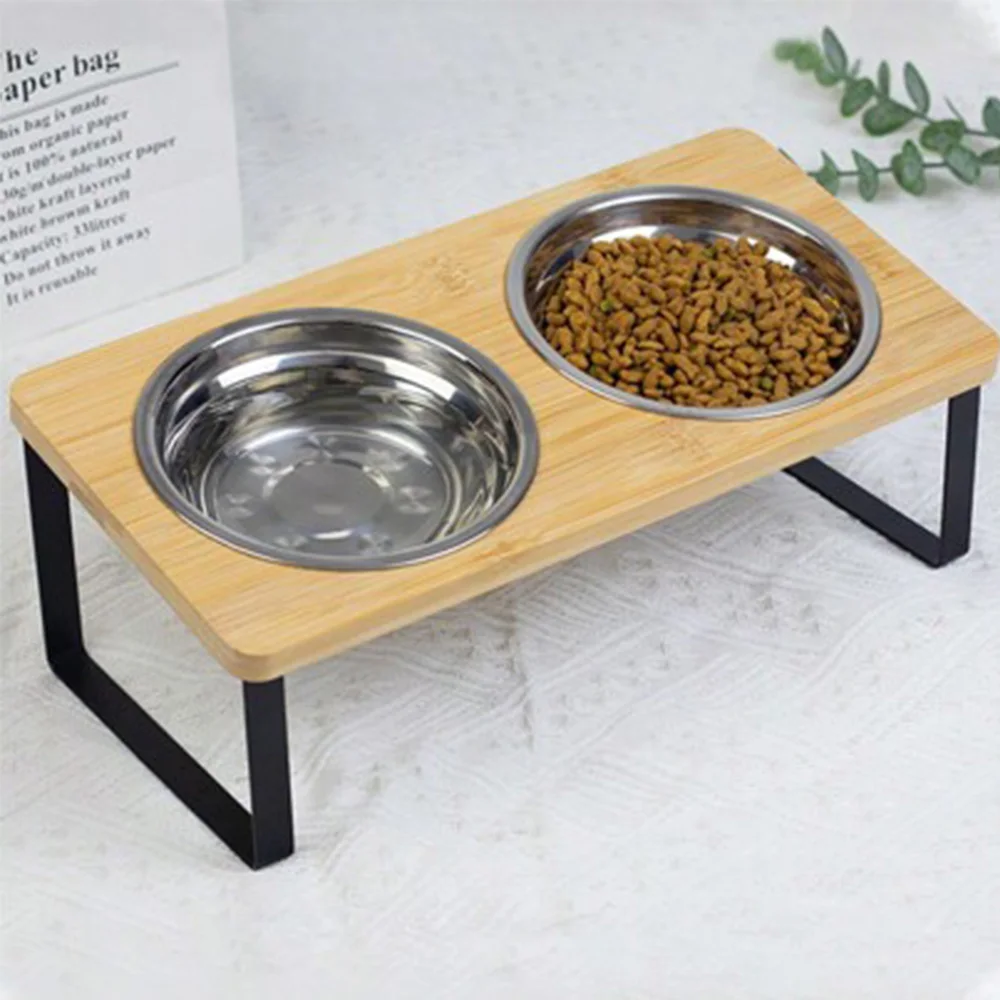 Solución de alimentación interior para gatos y cachorros 2 Acero inoxidable 15 °   Cuencos elevados inclinados Base de bambú antideslizante para mascotas pequeñas y medianas