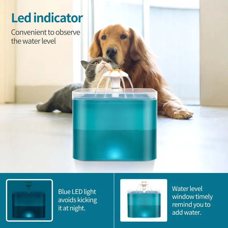 Dispensador automático de agua para mascotas, bebedero transparente silencioso con USB, tazón alimentador para perros, con pantalla LED de nivel, 2L - imagen 3