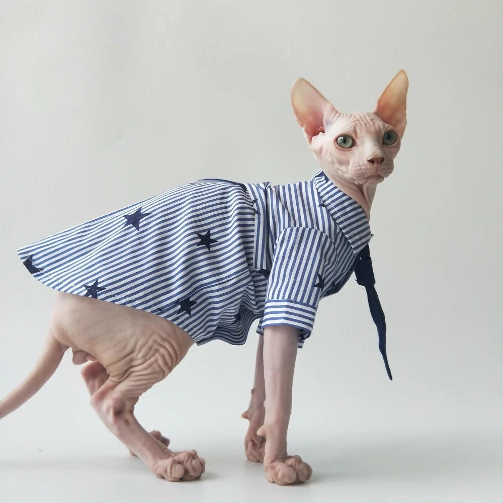 Camisa de estrella a rayas estilo caballero británico con corbata para Sphinx Cat Primavera Verano Camiseta de mangas de capullo de flor azul para gata - imagen 2
