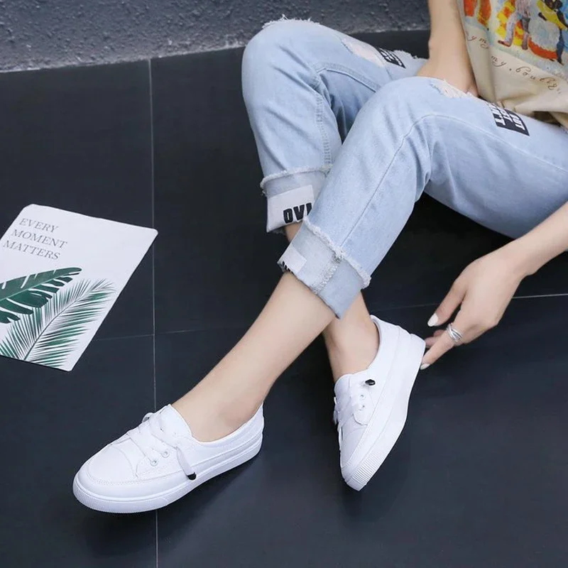 Zapatos Deportivos blancos para mujer, calzado de piel sintética suave, transpirable y antideslizante, de boca baja, estilo universitario, con cordones, 2024 - imagen 3