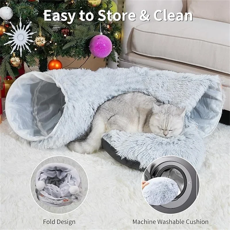 Túneles para gatos de interior, cama de túnel para gatos con cojín lavable, falda de árbol de Navidad de túnel para gatos, túnel de donuts plegable - imagen 4