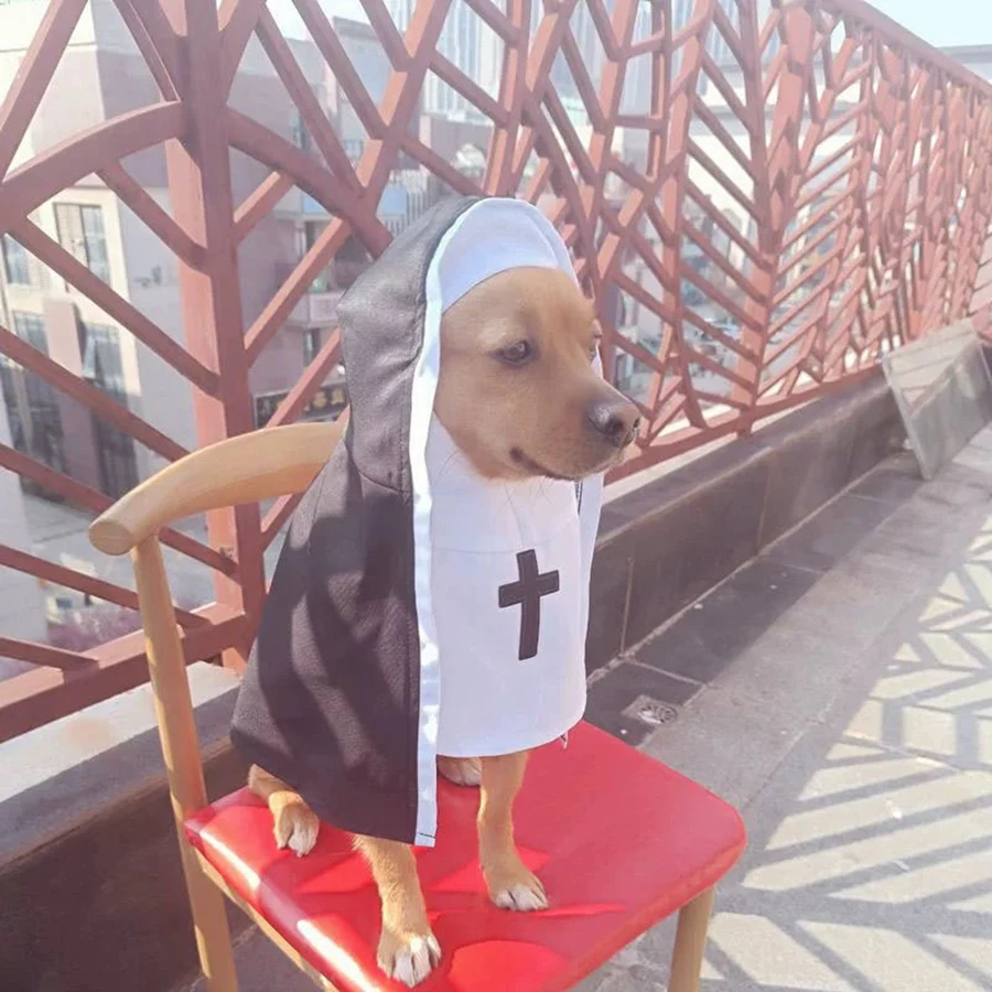 Ropa de Halloween para perros, disfraz bonito de monja de Cristo, disfraz de mascotas para perros pequeños y grandes, maquillaje con estampado de cruces, trajes para Chihuahua, regalo para gatos - imagen 3