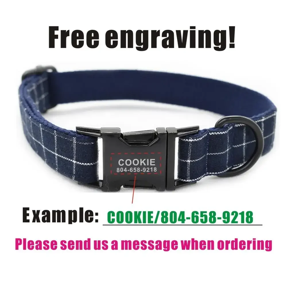 Collar de perro personalizado, correas a juego, contactos de nombre de identificación personalizados, hebilla de Metal, traje a cuadros ajustable, collares de fibra para perros y mascotas - imagen 4