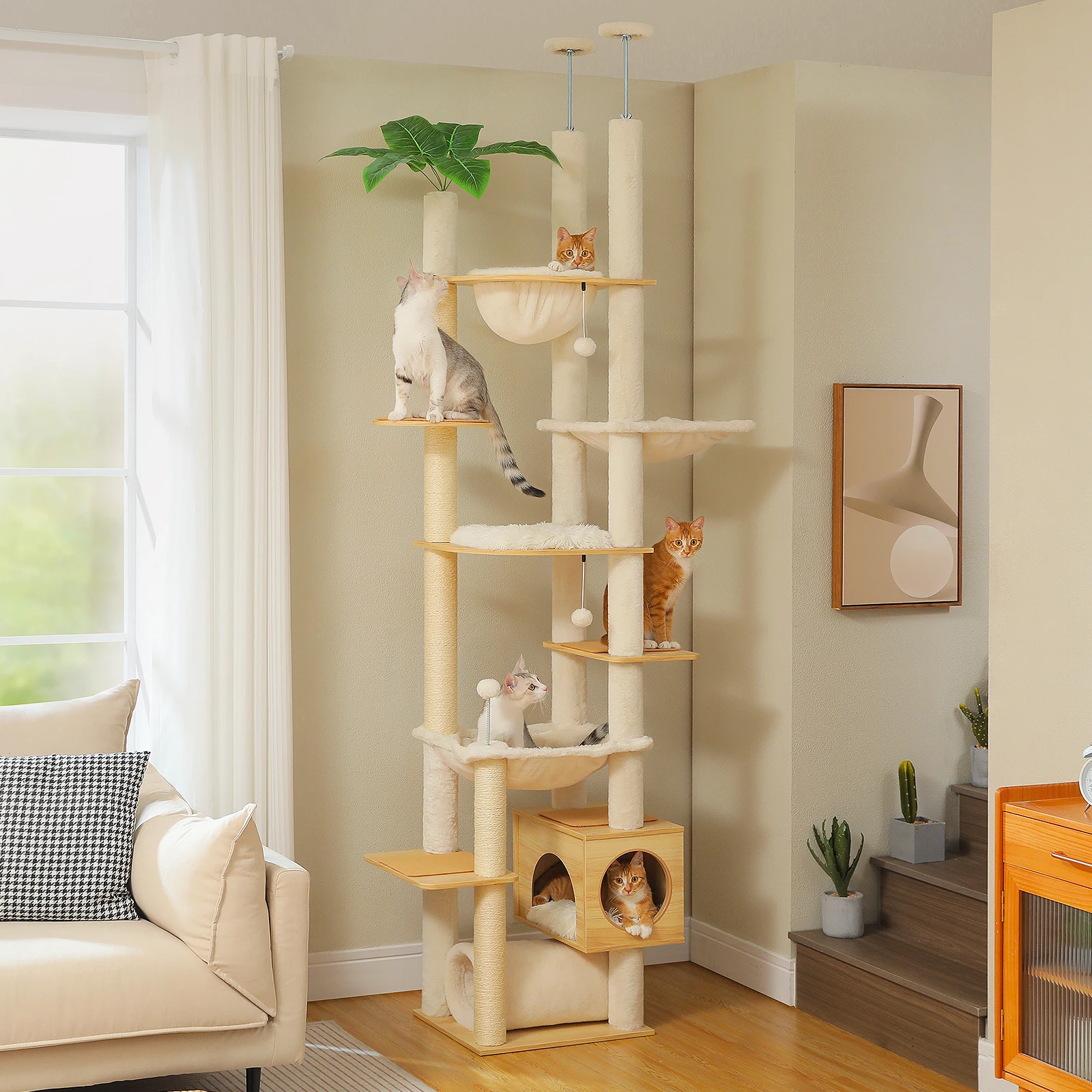 Árbol para gatos de madera ajustable en altura con hamaca grande, postes rascadores de Sisal, torre para gatos de piso a techo, acogedor Condo para gatos para interior