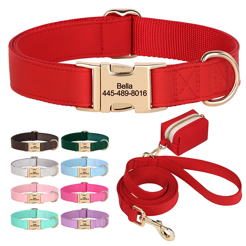 Correa de Collar de perro personalizada con bolsa, collares de cuero PU con hebilla para perros, correa para caminar para mascotas, bolsas de residuos para perros pequeños y medianos, Pug