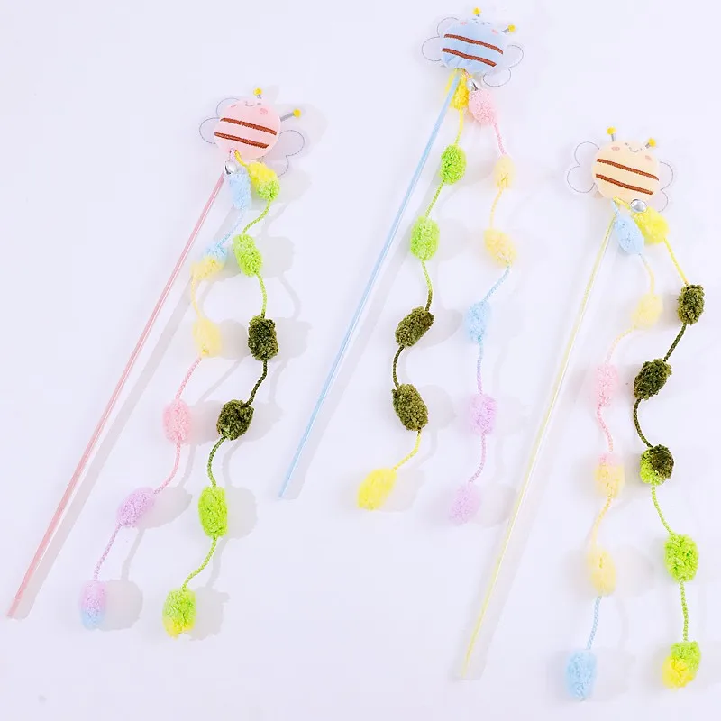 Juguete para gatos, pelota de peluche con borlas, palo de Teaser para gatos, juguetes interactivos para gatos con mango largo, pelota de lana para entrenamiento de gatitos, juguete para gatos con borla con campana - imagen 3