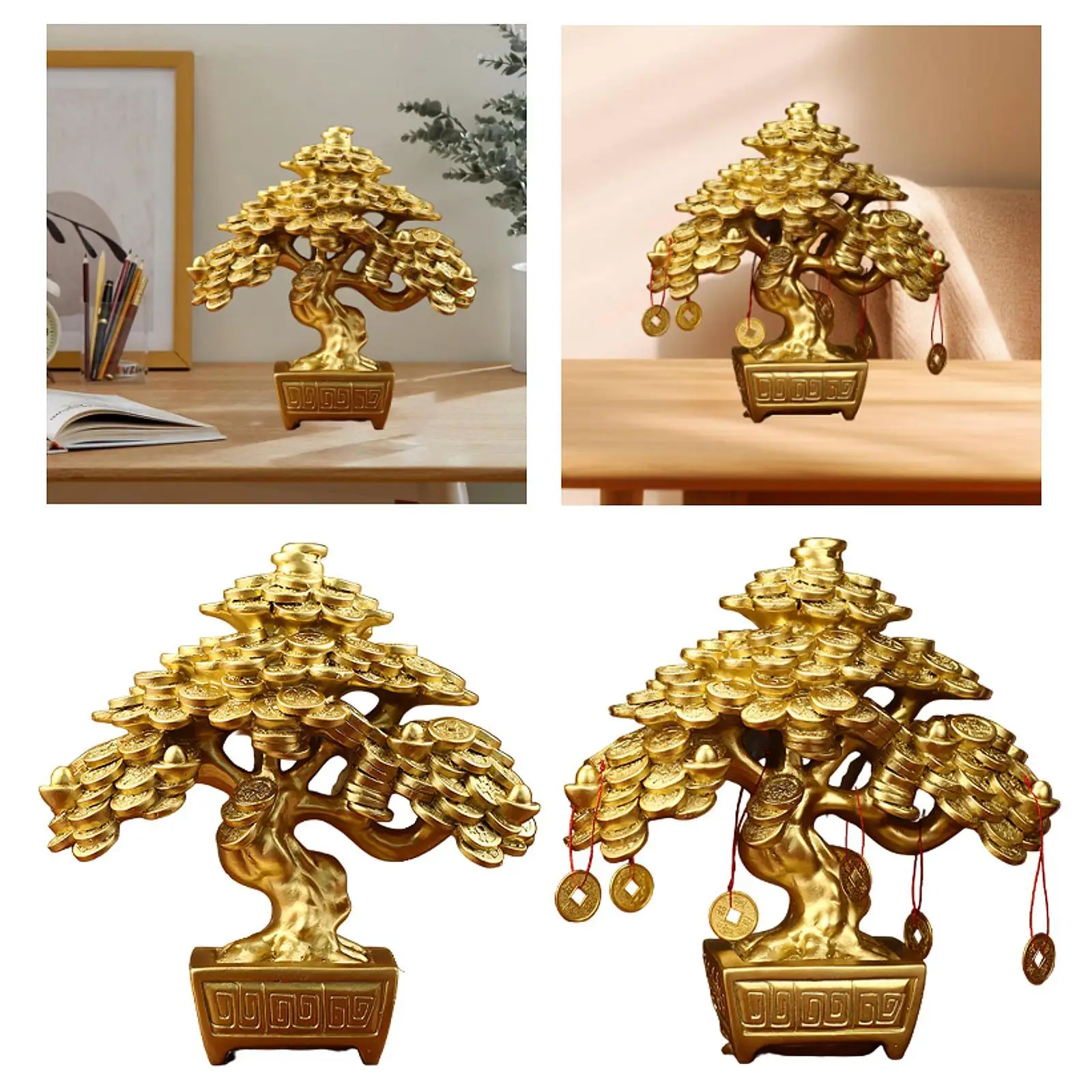 Decoración de mesa de árbol de dinero chino, decoración Feng Shui de Color dorado, estatuilla de resina de 17,5x9x19,5 cm para dormitorio ligero - imagen 4