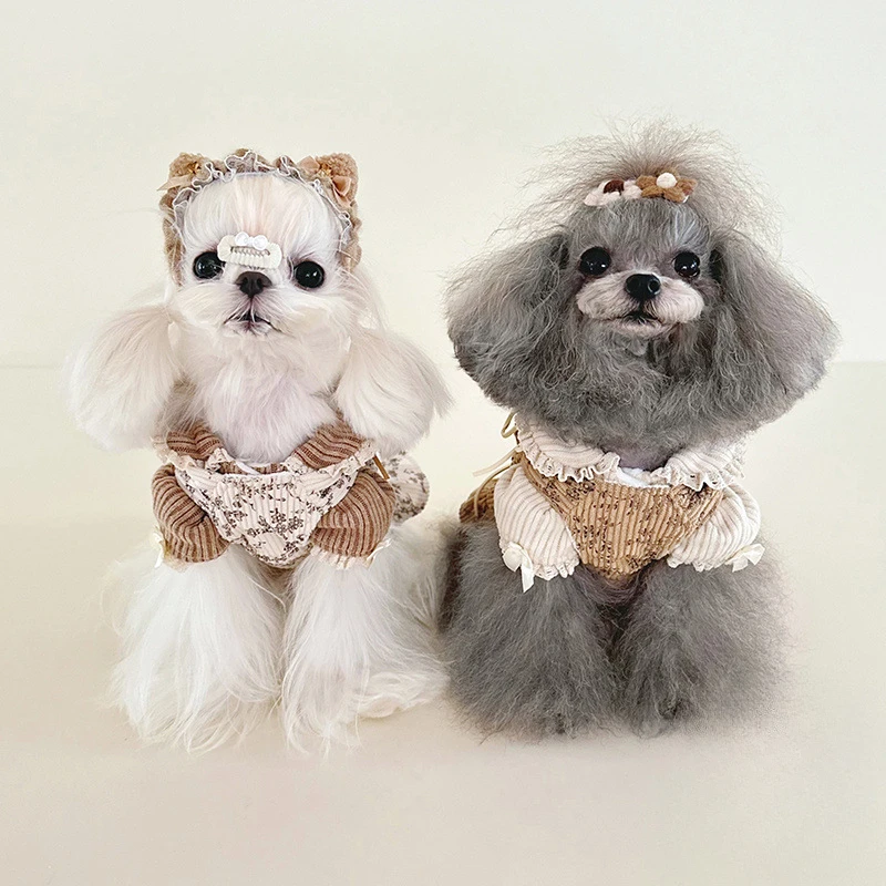 Otoño Invierno encaje a rayas muñeca Collar Base camisa lindo pana chaleco con cordón mangas de burbuja de felpa conjunto de falda con correa para el hombro - imagen 2