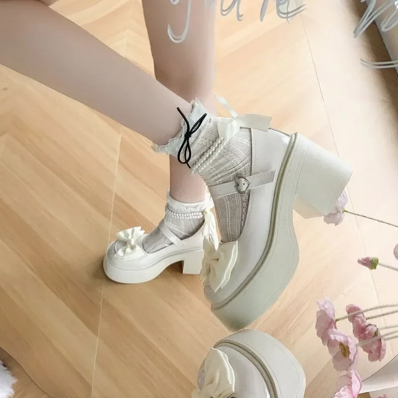 Tacones altos para mujer 2024, tacones cuadrados de alta calidad, lazo Mary Jane, punta redonda, vestido con hebilla, tacones altos para fiesta para mujer - imagen 5