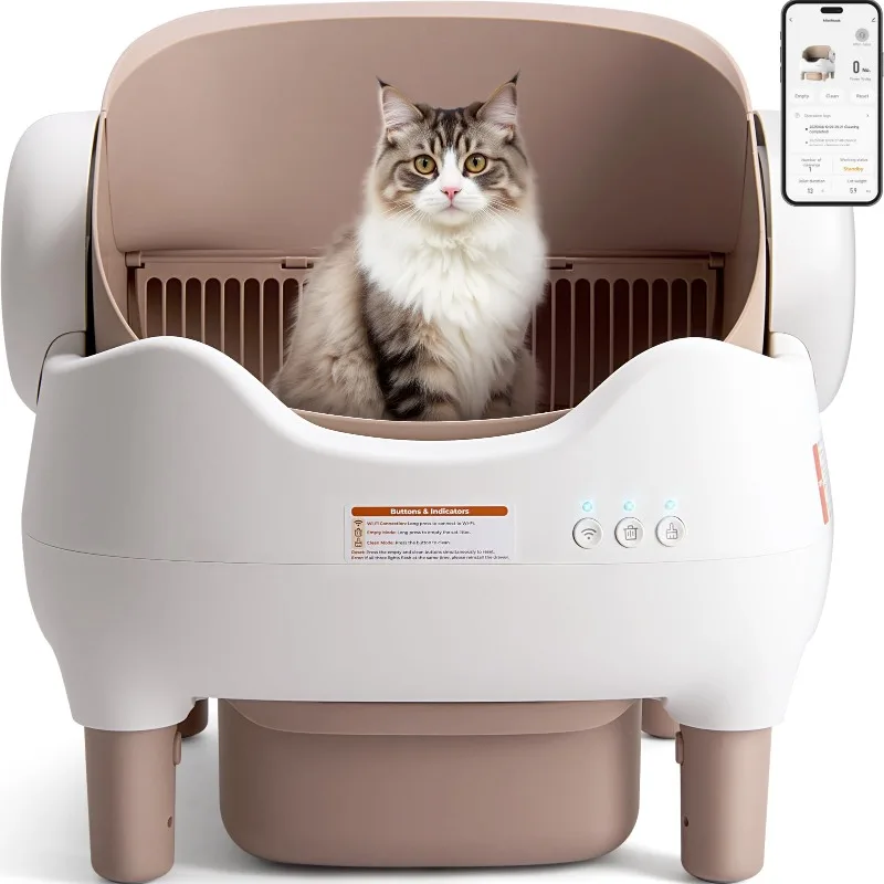 Caja de arena para gatos automática con tapa abierta y autolimpiante con control por aplicación, eliminación de residuos sin olores, incluye bolsas de basura, cubo de basura de 10L