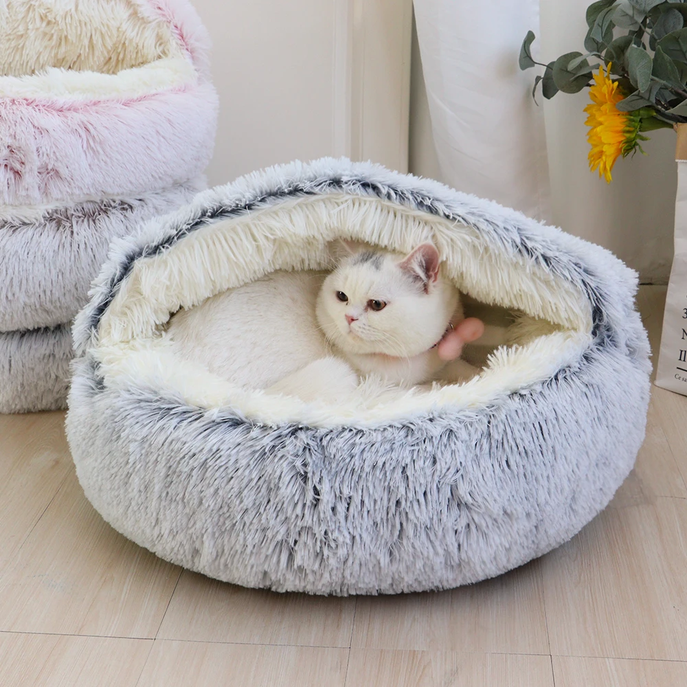 Cama redonda de felpa cálida para gatos, cojín largo de felpa para cachorros y gatitos, casa para mascotas 2 en 1, nido para dormir, perrera suave para gatos pequeños y perros - imagen 2