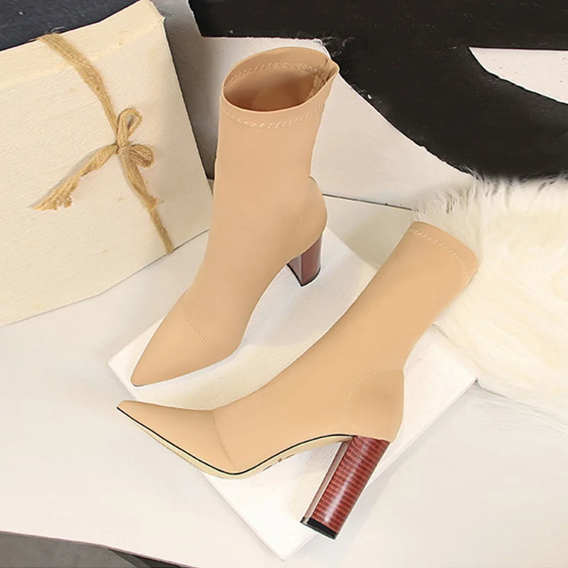 Talla 42 43 botines de mujer tacones altos cuadrados bombas moda de otoño comodidad tela elástica calcetín bota mujer zapatos de vestir de fiesta - imagen 2