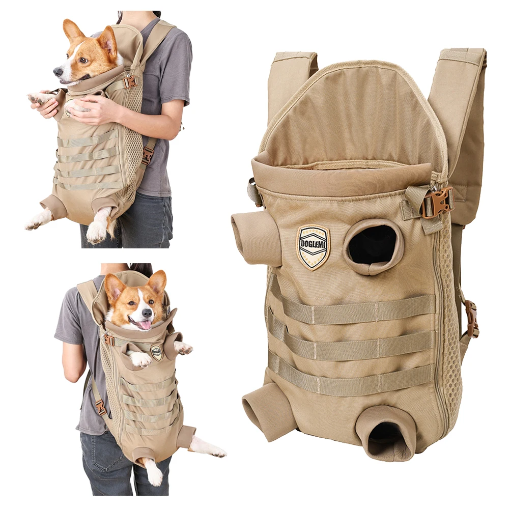 Mochila para perros pequeños y medianos, manos libres, táctica, para exteriores, Frontpack para mascotas, suave, transpirable, seguridad, viaje, portador de perros, bronceado militar - imagen 3