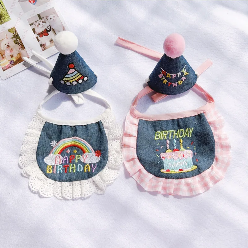 Toalla para babero de cumpleaños para mascotas, conjunto de traje de fiesta, babero bordado para pastel de perro y gato, accesorios para perros pequeños y gatos