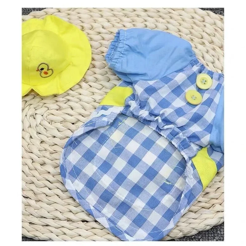 Ropa de jardín de infantes para perros y gatos, lindo pato amarillo, camiseta a cuadros con sombrero, Teddy Bichon Pomerania, abrigo para perros pequeños - imagen 5