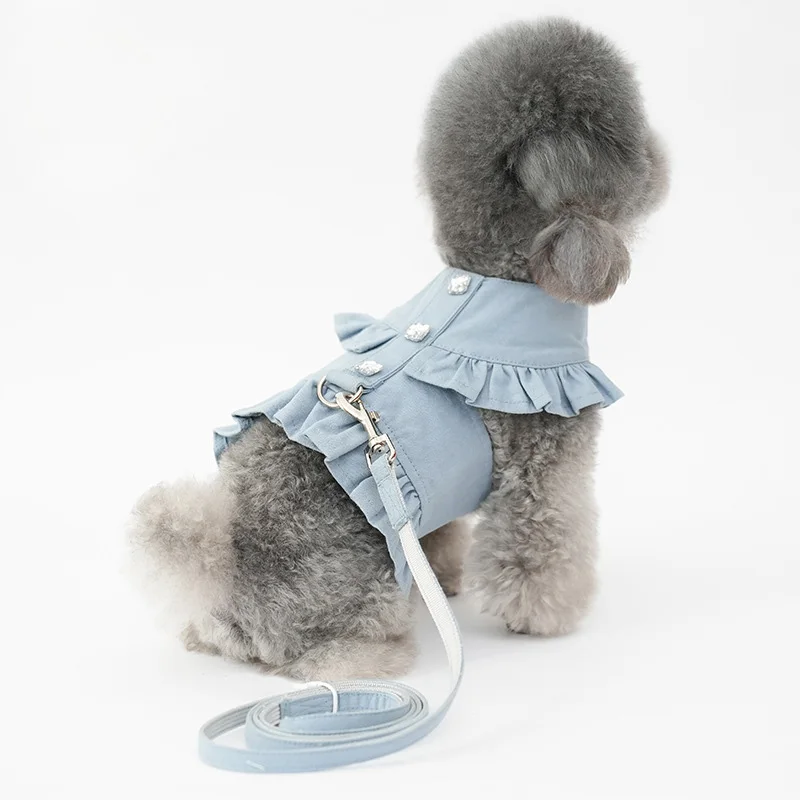 Falda con cuello para perro, bonito arnés para mascotas con correa para el pecho, cuerda, ropa para cachorros, chaleco, vestido para perro, falda de perlas para peluche de Pomerania Yorkshire - imagen 4