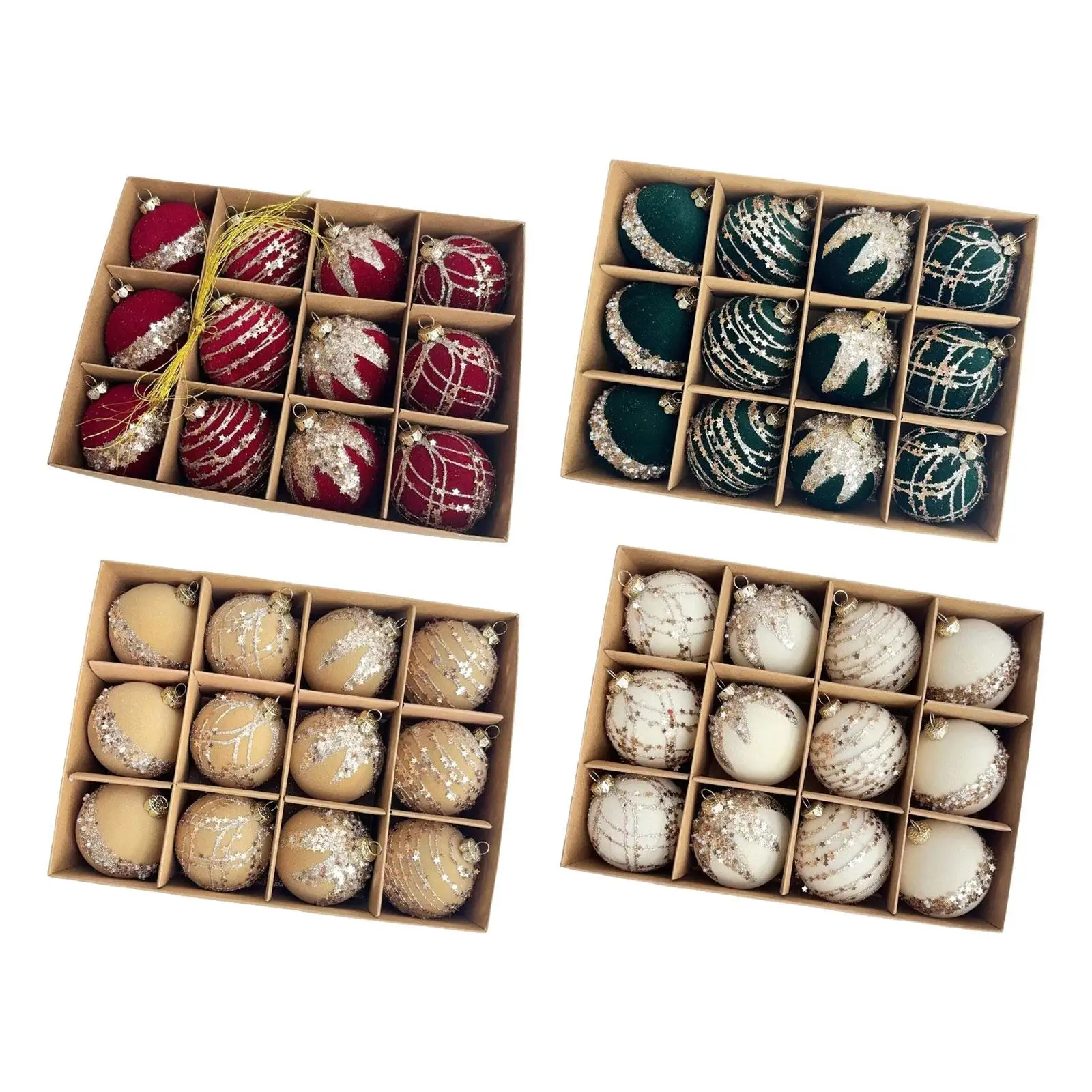 Glitter Christmas Balls Set Flocking Tree Hanging Ornaments for Christmas Home Decoration and Parties