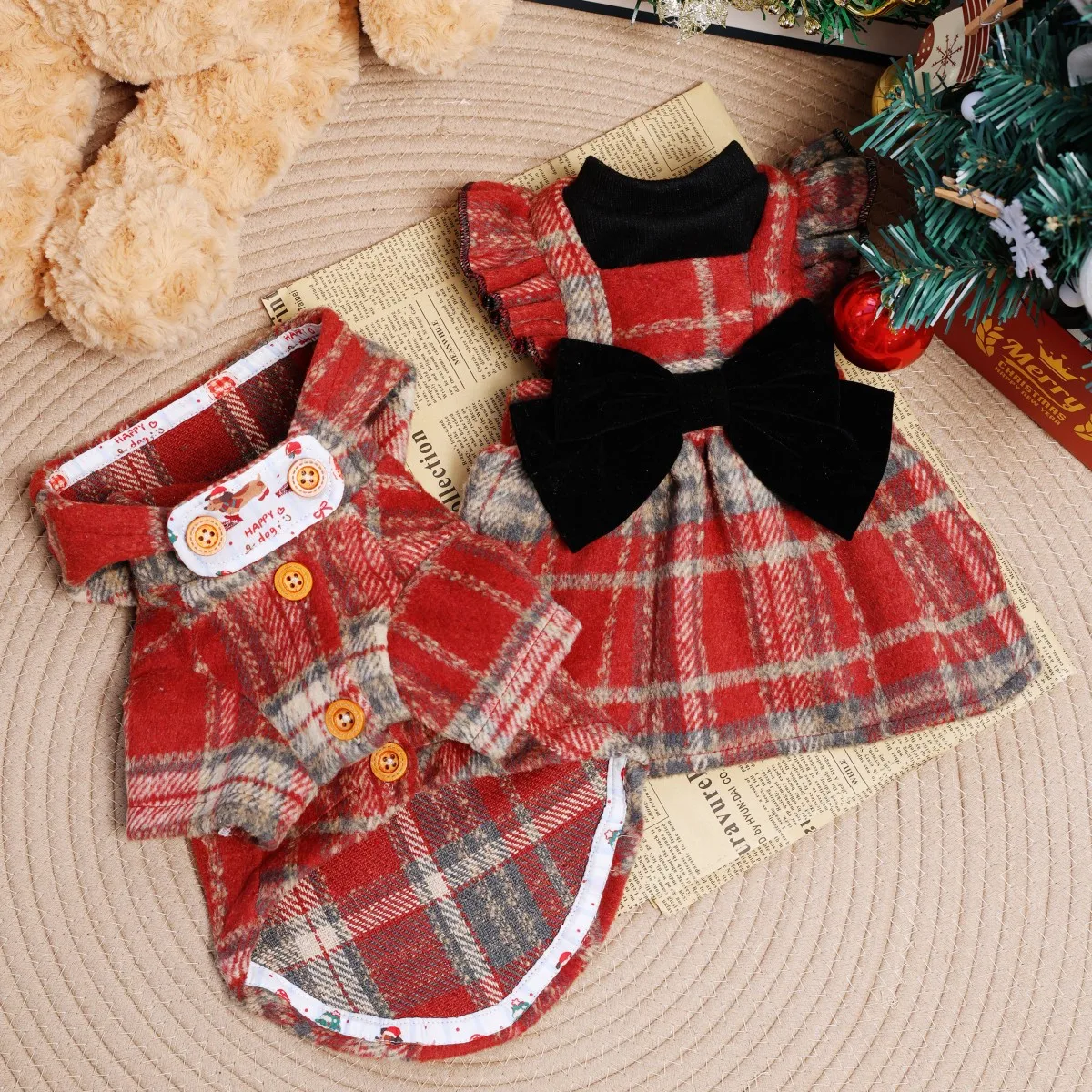 Conjunto de traje navideño de invierno para perros, vestido rojo a cuadros con lazo, abrigo para perros pequeños, ropa de moda de peluche/schnauzer