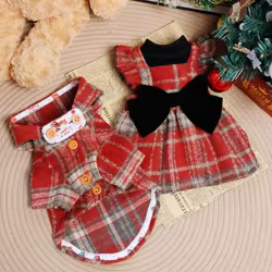 Conjunto de traje navideño de invierno para perros, vestido rojo a cuadros con lazo, abrigo para perros pequeños, ropa de moda de peluche/schnauzer