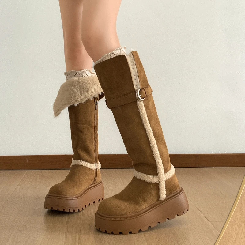 Botas De nieve De piel De algodón cálidas para Mujer, Zapatos planos con plataforma a la moda, botines largos De caballero Vintage para Mujer - imagen 3
