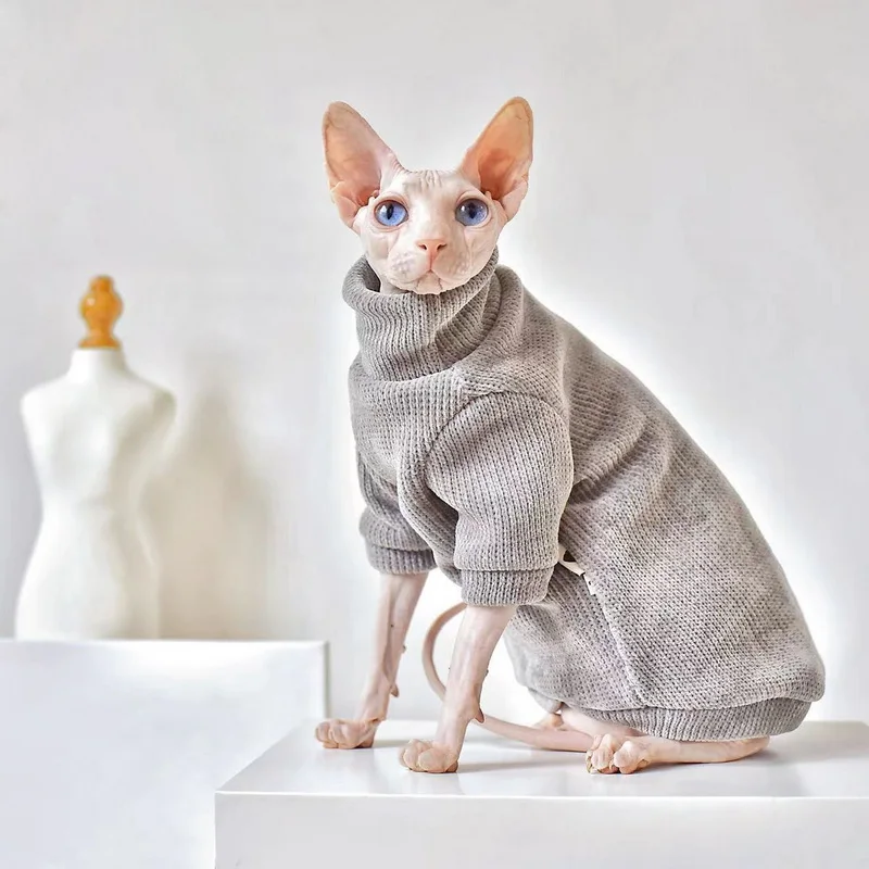 Suéter sin pelo para gatos, ropa cálida de invierno para Mascotas, sudaderas con capucha suaves, ropa informal para gatitos, Sphynx, Alex, Rex - imagen 2