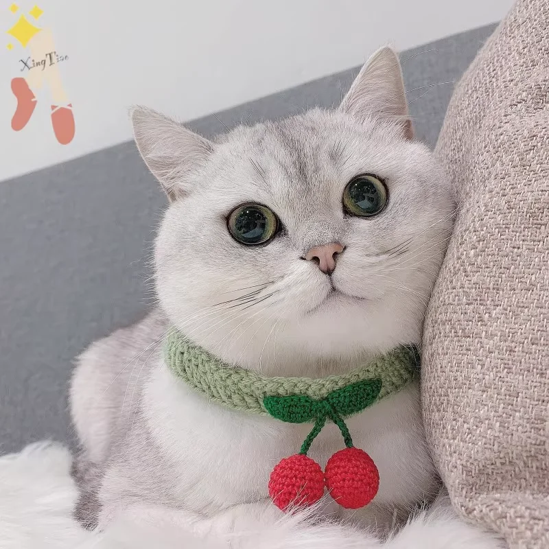 Collar de perro silencioso de lana tejido hecho a mano elegante cuello de cereza Collar para mascotas perro pequeño cereza cuello bucle suministros para mascotas