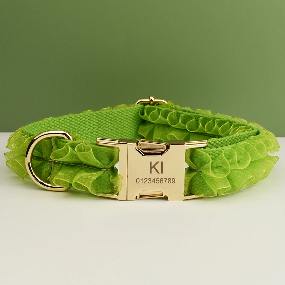 Collar de perro de encaje verde grabado personalizado, arnés de boda personalizado para mascotas, accesorios de lujo para perros, placa con nombre de encaje 09 - imagen 2