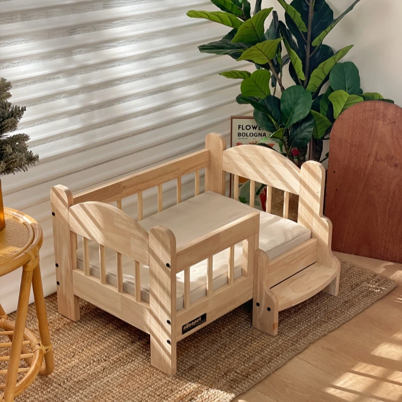 Cama para mascotas, valla de madera maciza a prueba de humedad, nido para perros y gatos, almohadilla de lavado desmontable de lona, suministros de muebles para mascotas, camas de decoración