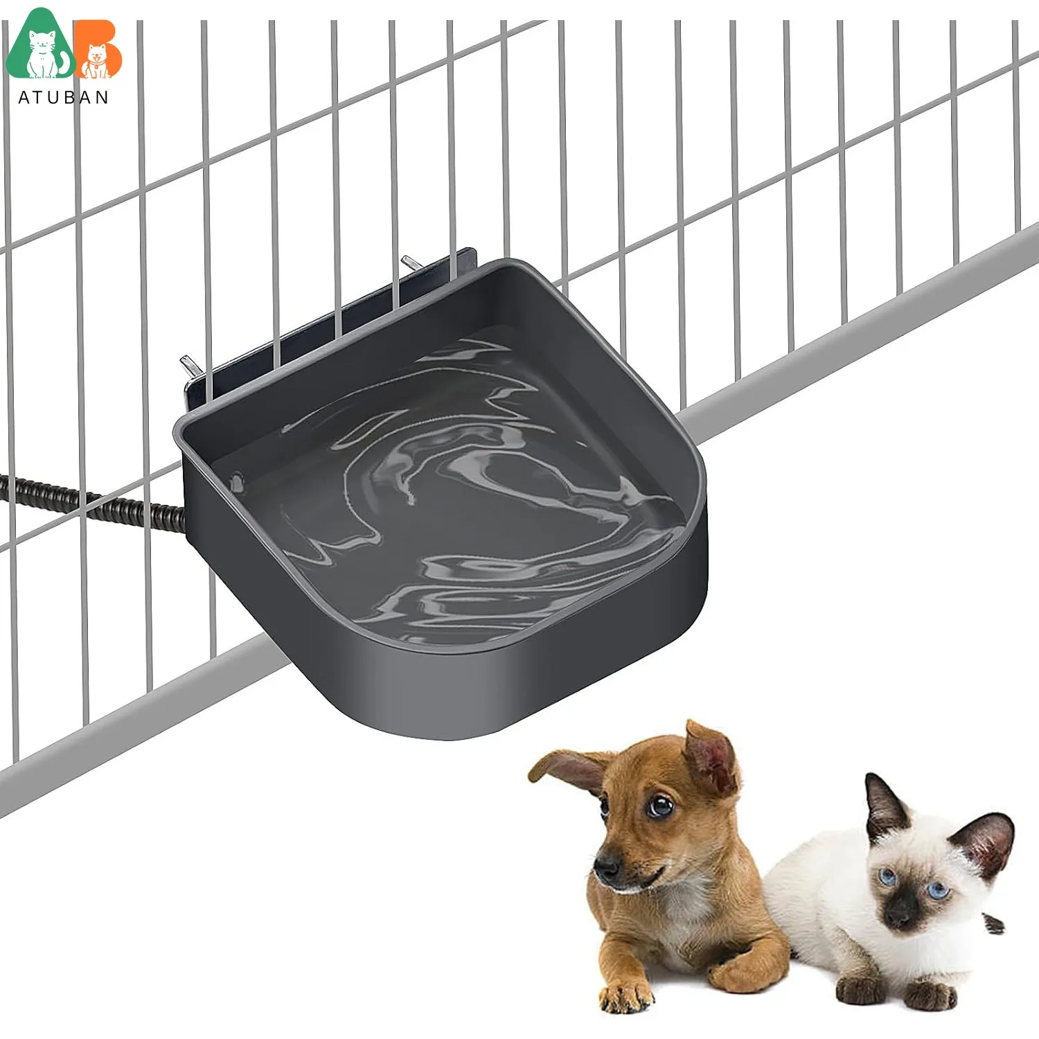 ATUBAN Cuenco de agua calefactable para mascotas de interior, cuenco de agua colgante para perros para perrera, cuenco calefactable sin derrames para pollos, gatos, conejos y pájaros