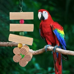 Columpio de madera natural para loro y roedores – Juguete masticable con cuentas